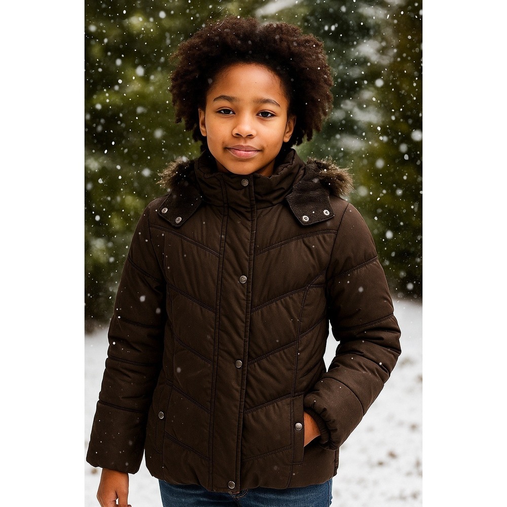 Girls Brown Puffer Jacket Faux Fur Trim Hood Winter Coat Warm Outerwear Kids